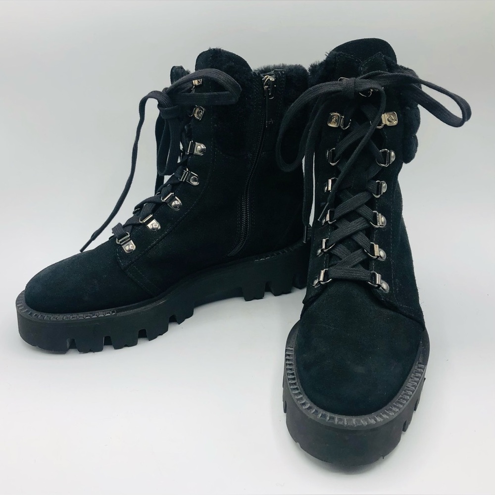 Aquatalia Paris Fur-Trim Lace-Up Black Suede Lug-Sole Hiking Boots Women’s 7½